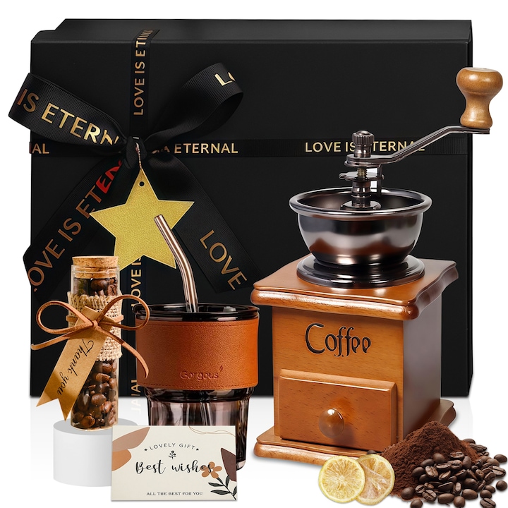 Set Cutie cadou pentru femei/barbati, RorAem, Cos cadou deluxe cu Ornamente vintage, Moara manuala de boabe, set cadou pentru iubitorii de cafea, cadou ideal pentru ea, el, prieteni, Maro