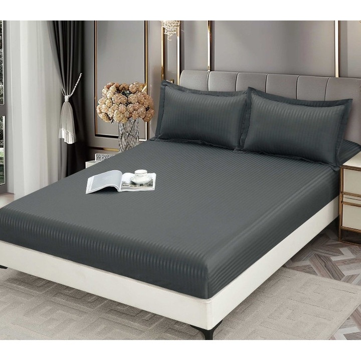Плик за легло и 2 калъфки за възглавници, с ластик, Дамаск, 2 души, Едноцветен, 180x200 см, Тъмносив