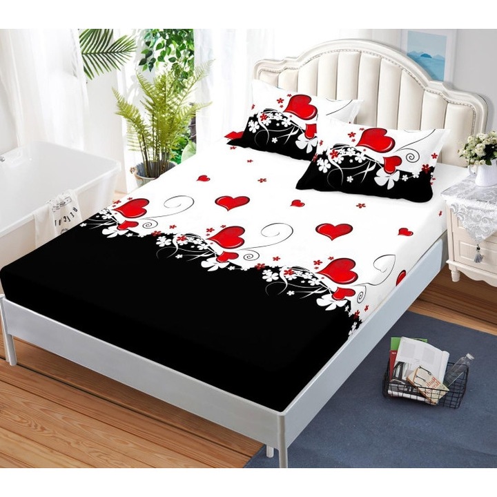 Плик за легло и 2 калъфки за възглавници, с ластик, Finet, 2 души, Щампа със сърца, Многоцветен, 180x200см