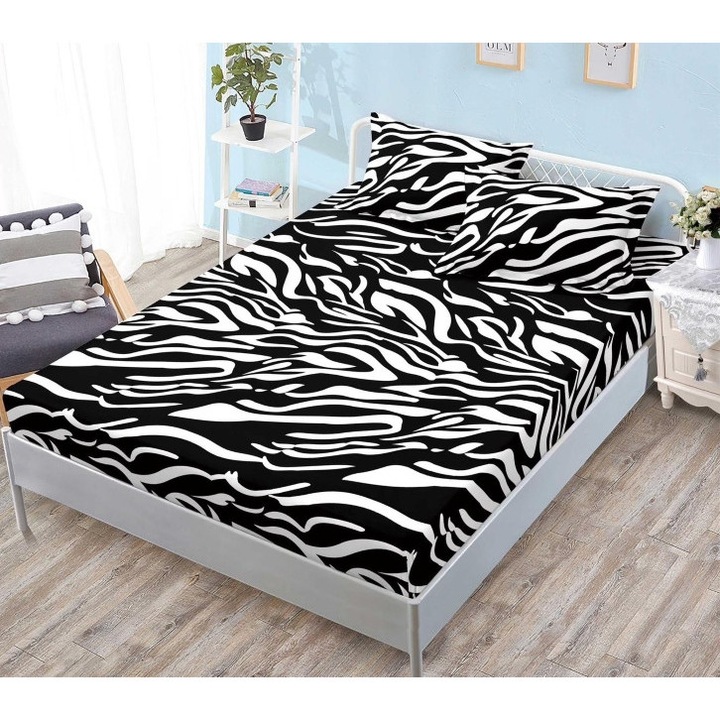 Плик за легло и 2 калъфки за възглавници, с ластик, Finet, 2 души, Животински принт, Черно-бял, 180x200см