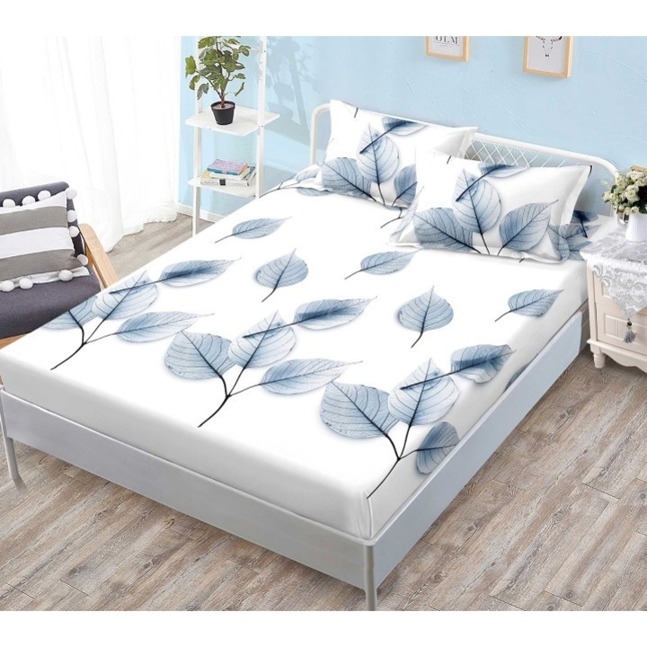 Плик за легло и 2 калъфки за възглавници, с ластик, Finet, 2 души, Щампа на листа, 180x200см
