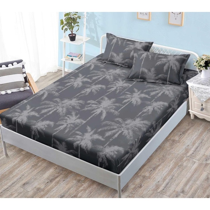 Чаршаф за легло и 2 калъфки за възглавници, С ластик, Фустиан, 2 души, Щампа с палми, Черно-сиво, 180x200см