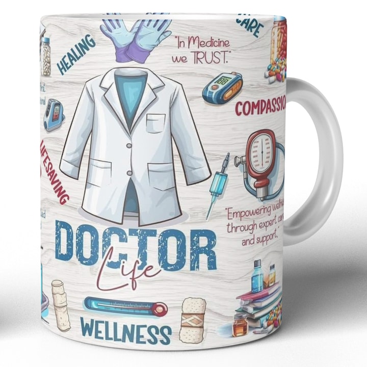 Cana Ceramica Doctor Life 330 ml - Ilustratii Medicale si Mesaje Inspirationale - Cadou pentru Medic, Student la Medicina sau Personal Medical