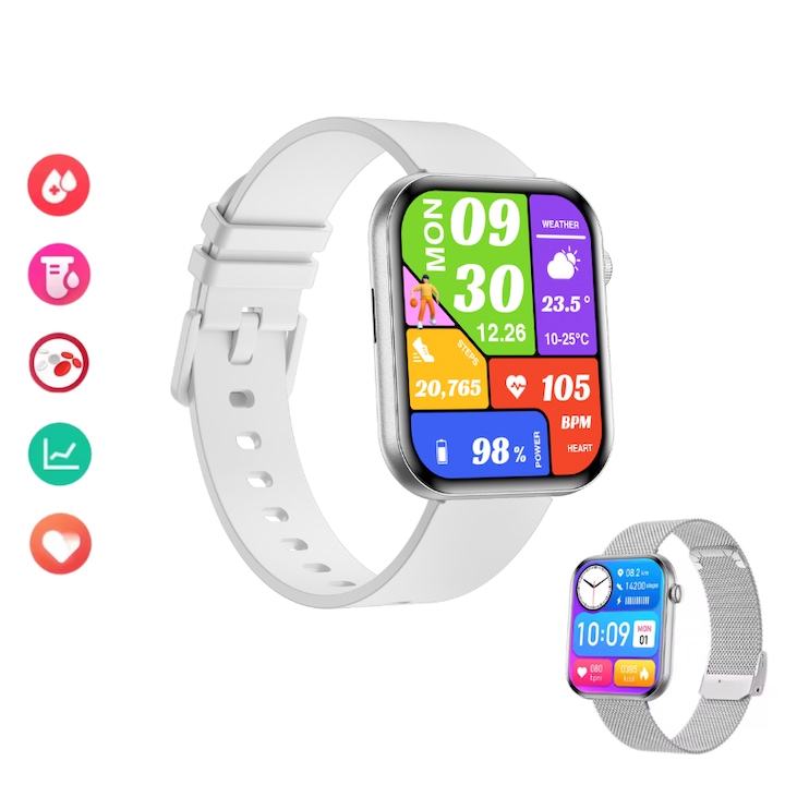 Lommad, okosóra, 1,85”-os AMOLED képernyő, ultravékony, vércukorszint-méréssel, pulzusszám-, vérnyomás-, HRV-, oximéterrel, alvásfigyeléssel, Bluetooth-os hívásokkal, IP67 vízállósággal, több sportmóddal, ajándék szíjjal