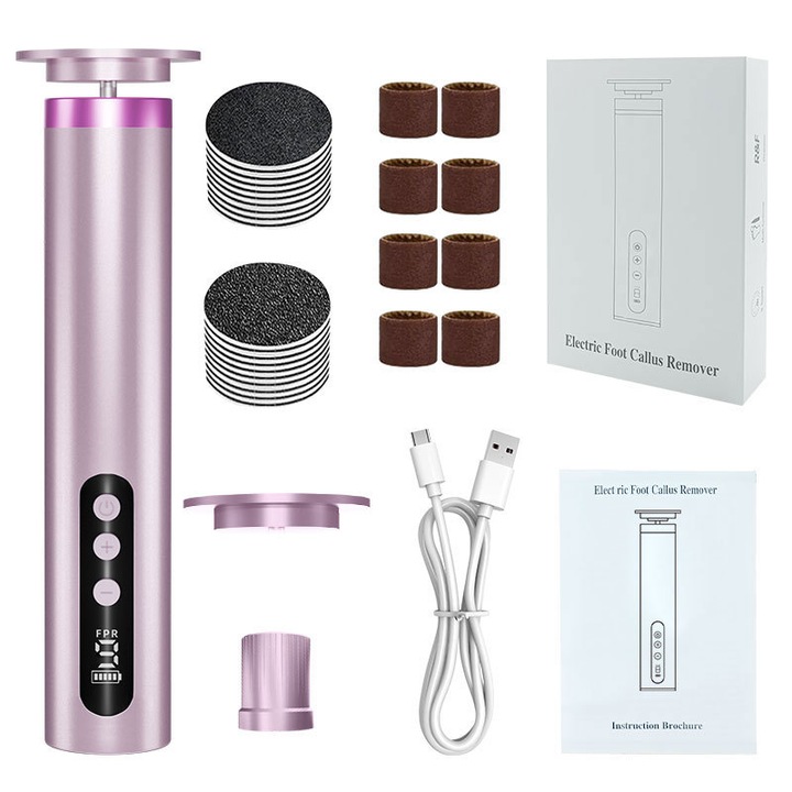 Pile electrice pentru calcaie, 9 viteze, cu 10 inele de frecare, 20 placute de frecare, 2000 mAh, indeparteaza pielea moarta si bataturile, Portabil, Roz