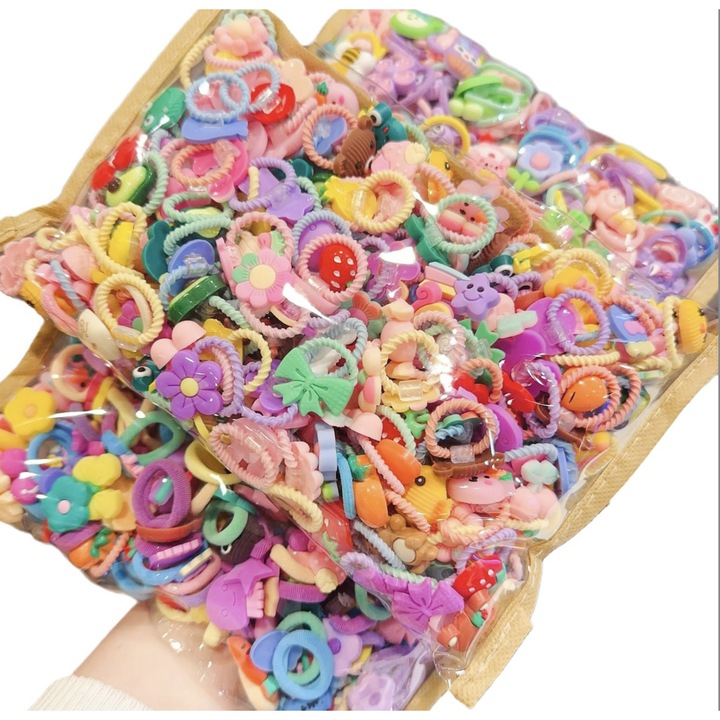 Set 40 elastice de par copii Bedex®, accesorii colorate pentru fetite, cu modele haioase, fundite si floricele, prindere delicata, mix random