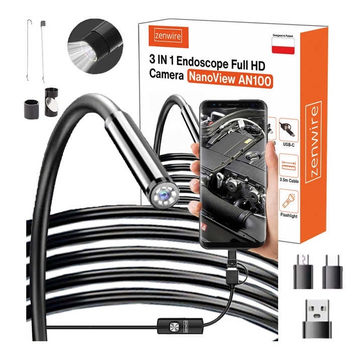 Ендоскопска камера, Zenwire, AN100, видео инспекция, инспекция, LED фенерче, 640x480p, 5 Gbps, водоустойчивост IP67, 3,5 м кабел, 3 практични съвета, USB, USB-C, Micro USB