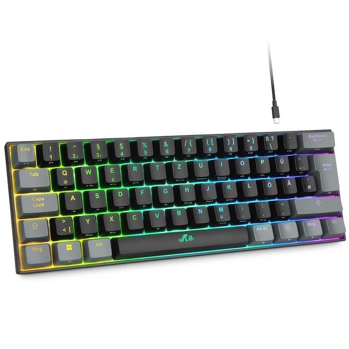 Механична гейминг клавиатура Rii, безжична, RGB осветление, 60%, черно/сиво