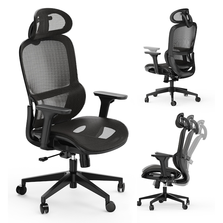 SENSE7 Neyo офис стол, лумбална опора, облегалка за глава, мрежа, черен