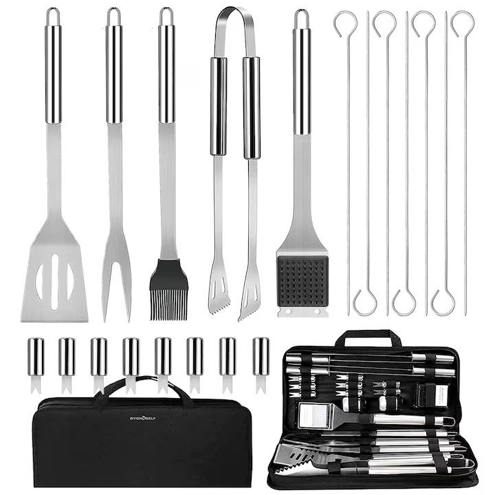 20 darabos kültéri grill kiegészítő készlet, kiváló minőségű rozsdamentes acélból, fekete hordtáskával, szövettáskával, kis csőfogantyúval, grillsütővel, rozsdamentes acélból, ajándék, ezüst