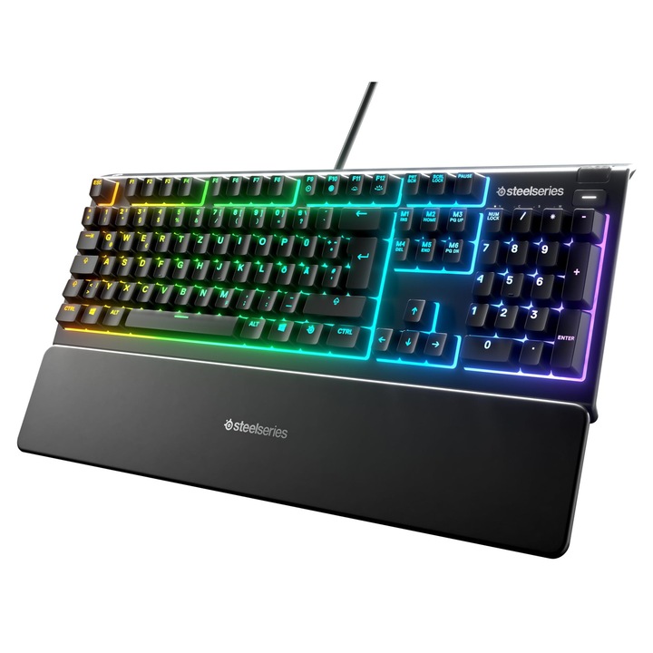 SteelSeries Apex 3 gamer billentyűzet, RGB világítás, mágneses állvány, többszínű
