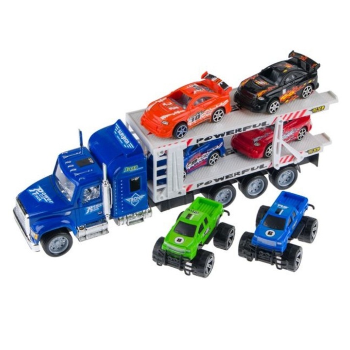 Jucarie ANGMAD, Camion Transport cu 6 Masini – 4 Curse si 2 Off-Road, Rampa incarcare, Scara 1:32, Baieti 3+ Ani, Multicolor