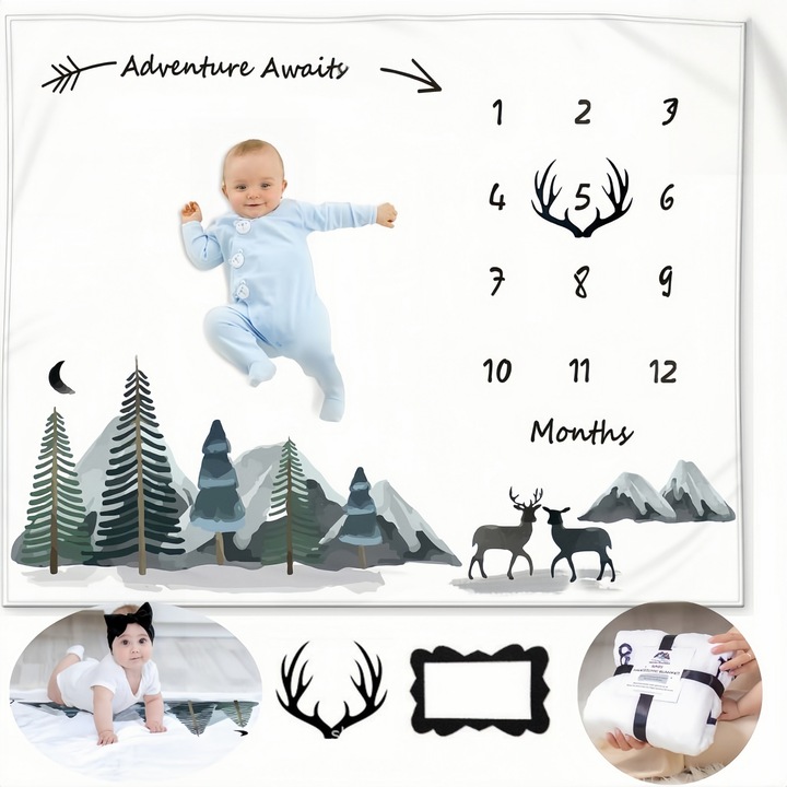 Одеяло за годишнина, RorAem, бебешко одеяло за годишнина, 150x100 см, комплект с маркер и флорална корона, годишнина за запомнящи се снимки на бебета, фланелен материал, подходящо за пълнолуние, 100 дни, рождени дни и други сценарии.