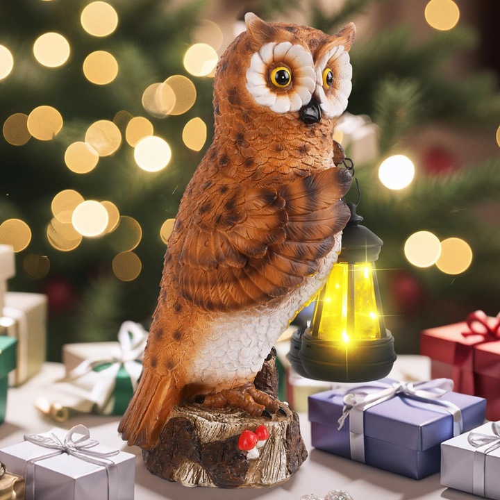 Декорация за градина, Нощна сова със соларен LED фенер, Височина 35 см