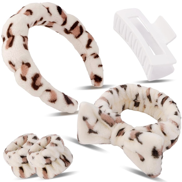 Set 2 bentite cosmetice, clema de par si mansete, TREXORA, imprimeu leopard, bej/alb