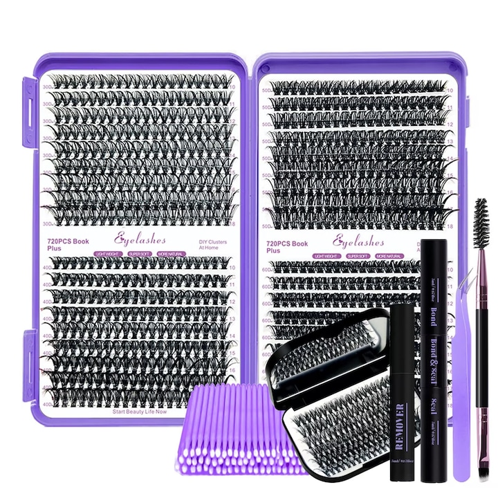 Комплект за удължаване на мигли 840 броя, извивка D, лепило, пинсета, четка, апликатори, огледална кутия