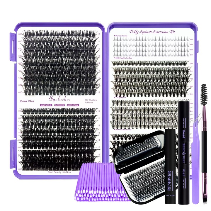 Комплект за удължаване на мигли 847 броя извивка D, кутия огледало, лепило и препарат за отстраняване, пинсети, четка за мигли, апликатори