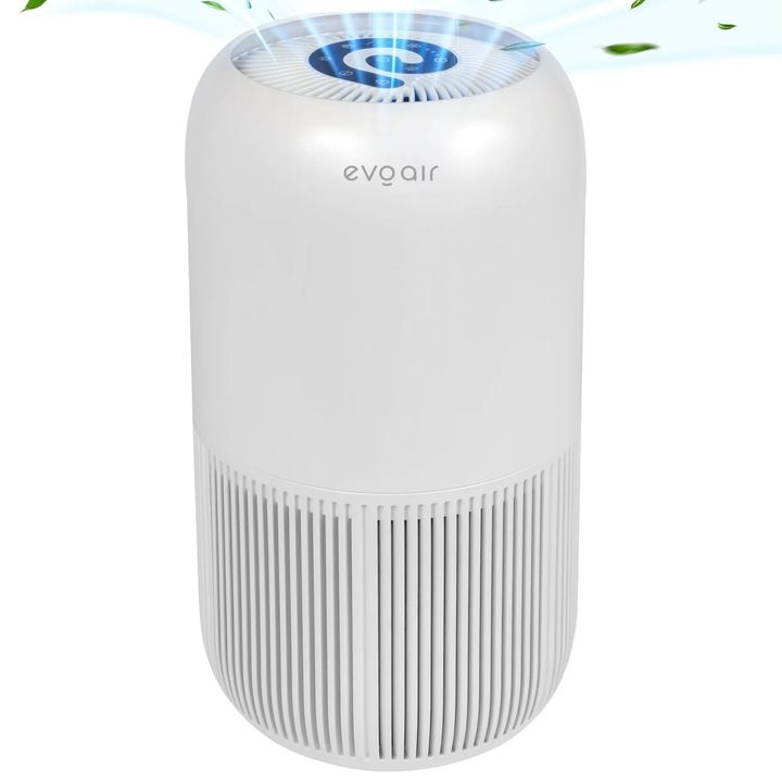 Purificator de aer Evoair, YuvoSpin, Lampa UV-C, Filtru 3in1, True Hepa, Carbon Activ, Pre-filtru, 4 viteze, Functie Polen/Animale, Mod Noapte, Blocare Ecran, Lumina Ambientala, Alb