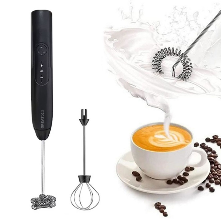 Mixer Spuma De Lapte GREATON, Spumator Electric Reincarcabil USB, 3 Viteze, cu 2 Teluri, Ideal pentru Cappuccino, Caffe Latte, Frappe, Matcha, Negru