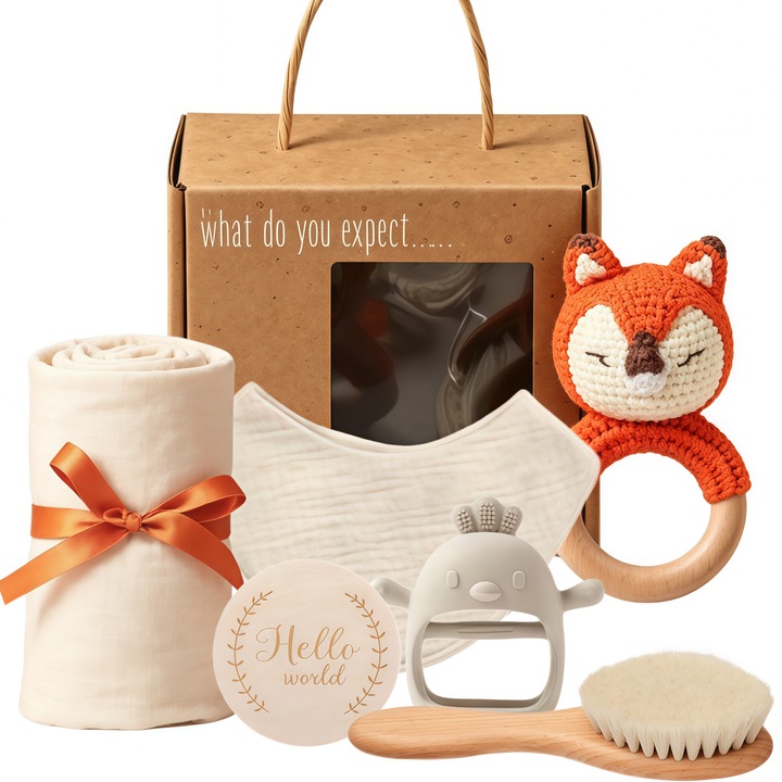 Set cadou Nou Nascut, RorAem, Set cadou cu 7in 1, patura moale, patura de siguranta, jucarie din lemn cu zornaitori, sosete amuzante&bavete, felicitare, valizele din ratan, cadouri pentru copii pentru fete baieti, Alb