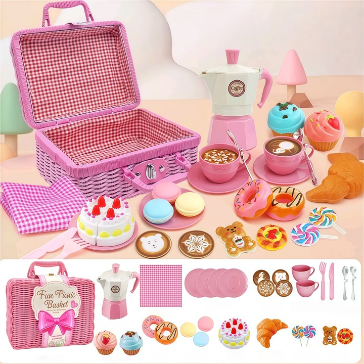 Set jucarii educative de bucatarie si picnic pentru copii, RorAem, Set jucarie educativa 30 piese, cosuri cu geanta de transport, ceainic, ceasca de ceai, desert si fata de masa, cadouri de jucarie, pentru Copii de 3 ani-15 ani, Roz