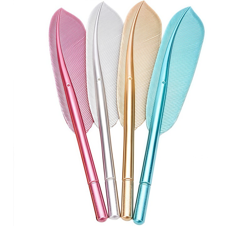 Pixuri gel pentru scoala si birou, set 4 bucati, design pana retro, varf 0.5 mm, cerneala neagra- QiFeng™