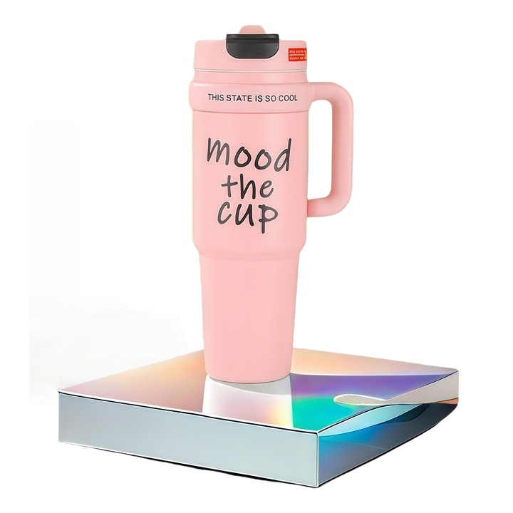 Termos 1000ml din otel inoxidabil cu capac special si pai, imprimat cu litere roz