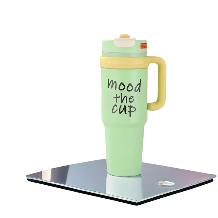 Termos 1000ml din otel inoxidabil, capac special cu pai verde si imprimeu cu litere