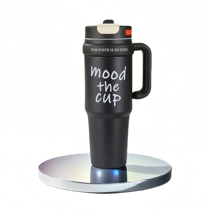 Termos 1000 ml din otel inoxidabil, capac special cu pai, negru cu inscriptie