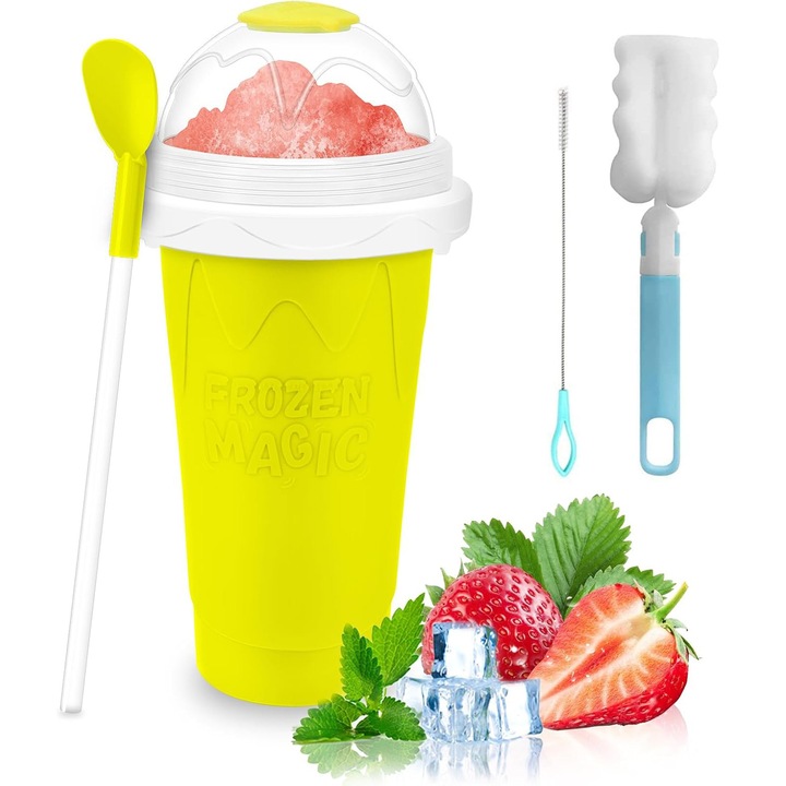Pahar pentru preparare bautura racoritoare smoothie, granita, slush, DIY in 5 minute - Frozen Magic Slushy Cup, 330 ml, Galben