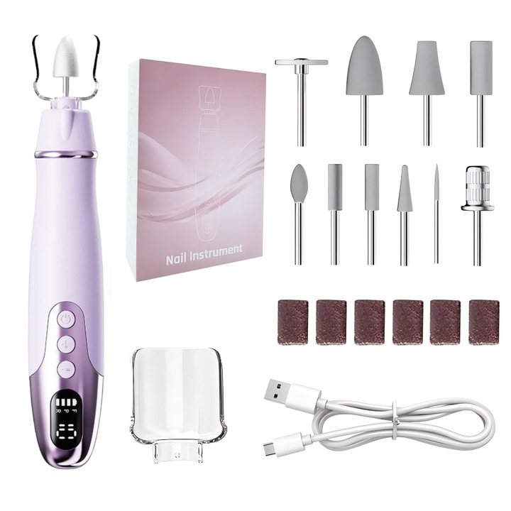 Професионална пила за нокти, безжична електрическа пила за маникюр-педикюр, акумулаторна, 35 000 оборота в минута, 10 глави за пила, 6 шлифовъчни ленти, ергономичен дизайн, лилава