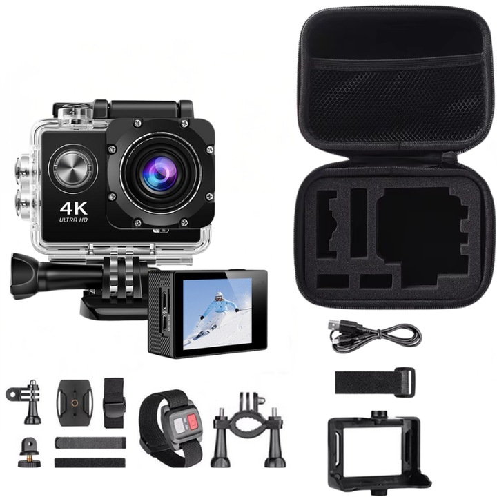 Camera Sport 4K Ultra HD INVICTWIN® – Wi-Fi Integrat, Filmare Stabilizata (Anti-Tremur), Obiectiv Ultra-Larg 170°, Ecran LCD, Rezistenta la Apa pana la 30 m, Suport Card microSD 128GB, Control prin Aplicatie, Ideala pentru Vlog si Activitati Outdoor