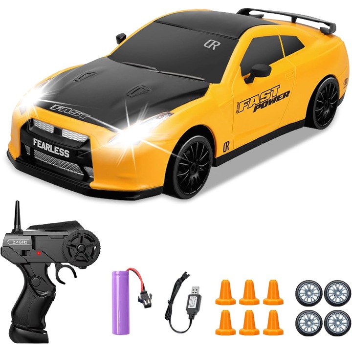 Кола с дистанционно управление RC, дрифт кола, 4WD, 15км/ч, LED светлини, сменяеми гуми, 1 презареждащи се батерии, 1:24, жълто