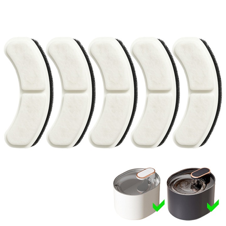 Set 5 filtre pentru dispenser de apa pentru animale NEXTLY, sistem de filtrare in 3 etape - filtru de baza/carbune activ/rasina de schimb ionic, 9x2.5cm, alb