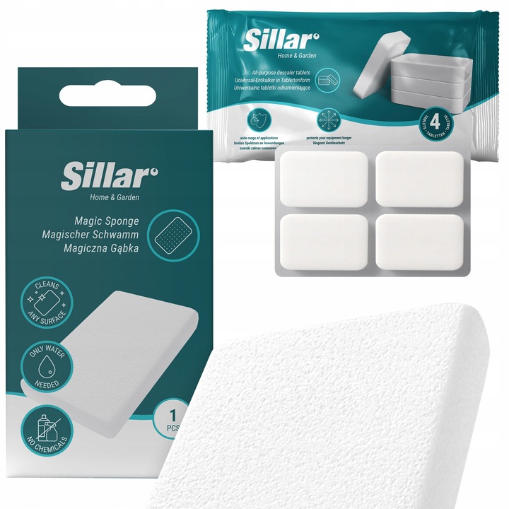 Tablete de decalcifiere, universal, 4 buc + burete magic pentru spalarea si curatarea, Sillar, set