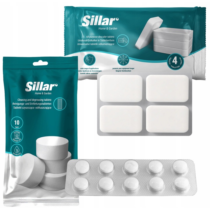 Tablete de decalcifiere, universal, 4 buc + degresant pentru espressoare, 10pcs, Sillar, set