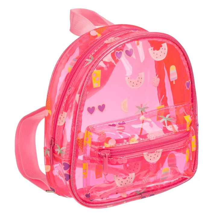 Rucsac Roz Transparent cu Model Fructe Inghetata Roz Glitter 18x6x21cm