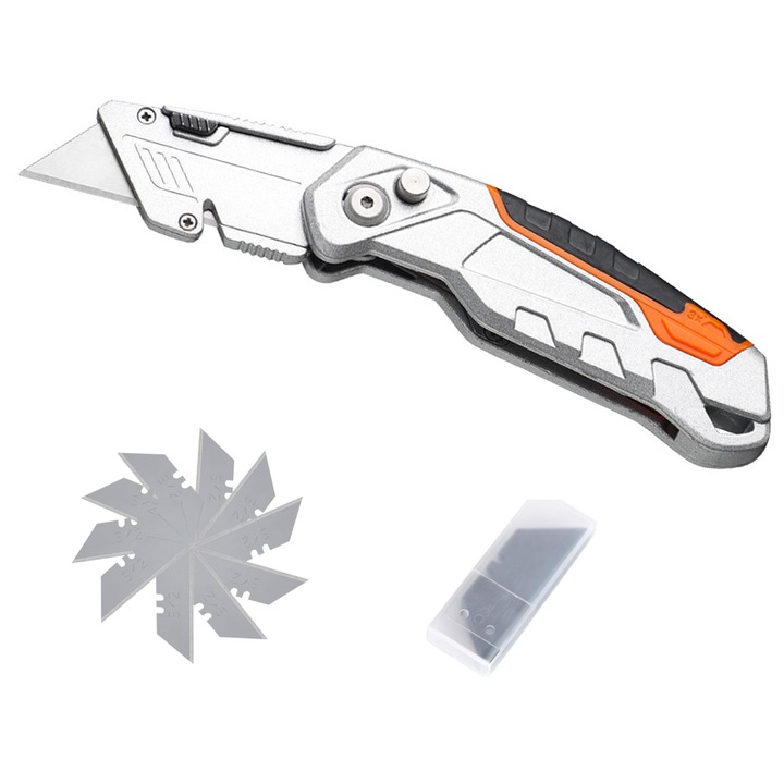 Cutter pliabil, TREXORA, cu 10 lame trapezoidale, negru/portocaliu, 4cm x 17cm