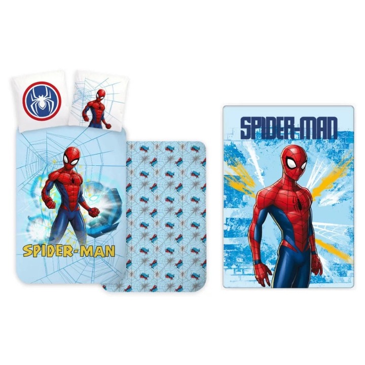 Lenjerie pat copii, model Spiderman Light Blue, 3 piese, lenjeria 100%bumbac, patura 100% poliester, 100x135 cm, 40x60 cm, 100x140 cm