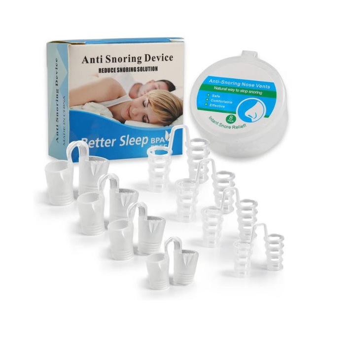 3X Set 8 dispozitive nazale anti-sforait, LRTM, Design ergonomic, Usor de depozitat si transportat, Fara BPA, non-toxic, Cu 2 stiluri si 4 dimensiuni, Plastic, Transparent