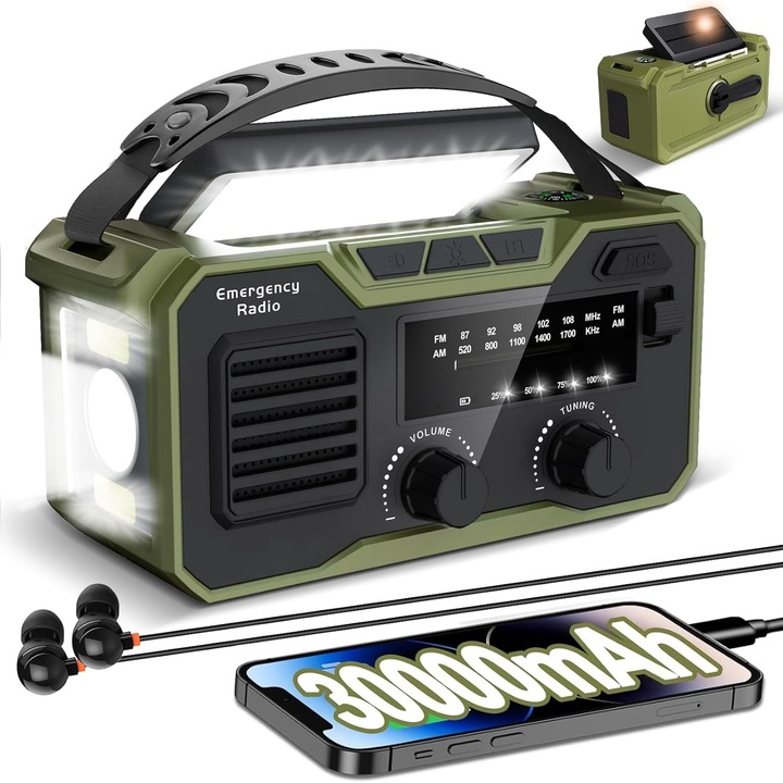 Преносимо аварийно радио с манивела, 30 000 mAh, Bluetooth, соларен панел, функция за външна батерия, фенерче и нощна лампа, компас, SOS аларма, зелено