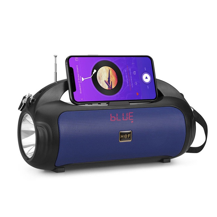 Multifunkcionális hordozható hangszóró FM/AM rádióval, Bluetooth-szal, napelemmel, LED zseblámpával, telefontartóval, microSD kártyahellyel és akkumulátorral, H&F F311 – Ideális kempingezéshez és vészhelyzetekhez