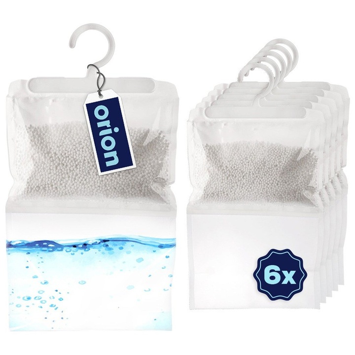 Комплект от 6 висящи абсорбатора на влага, Orion, Ultra Fresh, 400 г, 36x21x2.5 см, бяло/синьо, гранули калциев хлорид, ефективни върху площ до 20 м², живот 2-5 месеца, тегло 400 г