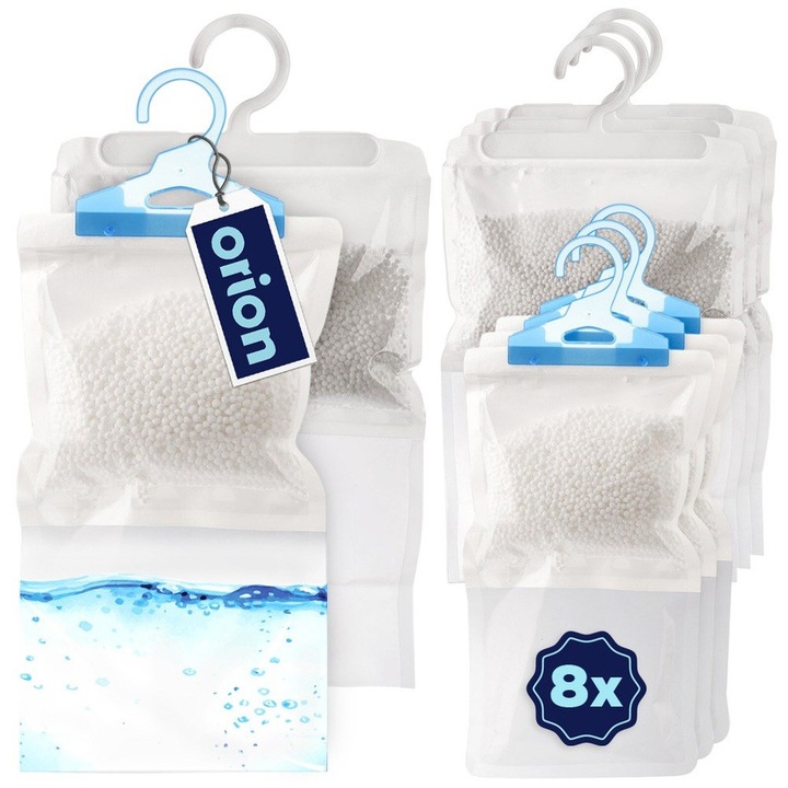 Комплект от 8 висящи абсорбатора за влага, Orion, Ultra Fresh, 250/400 г, 28x15/21x2.5 см, бял/син, изработен от здрав материал, пълнеж от гранули калциев хлорид, ефективен върху площ до 20 м², гранулите издържат 2-5 месеца