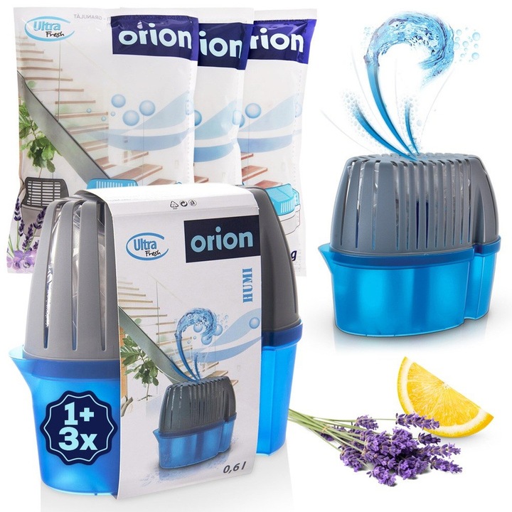 Комплект от 4 абсорбатора за влага с пълнители, Orion, Ultra Fresh, 450 г, 21 x 9 x 18,5 см, сив/син, гранули калциев хлорид, ефективен за 2-5 месеца, безопасен за хора и животни