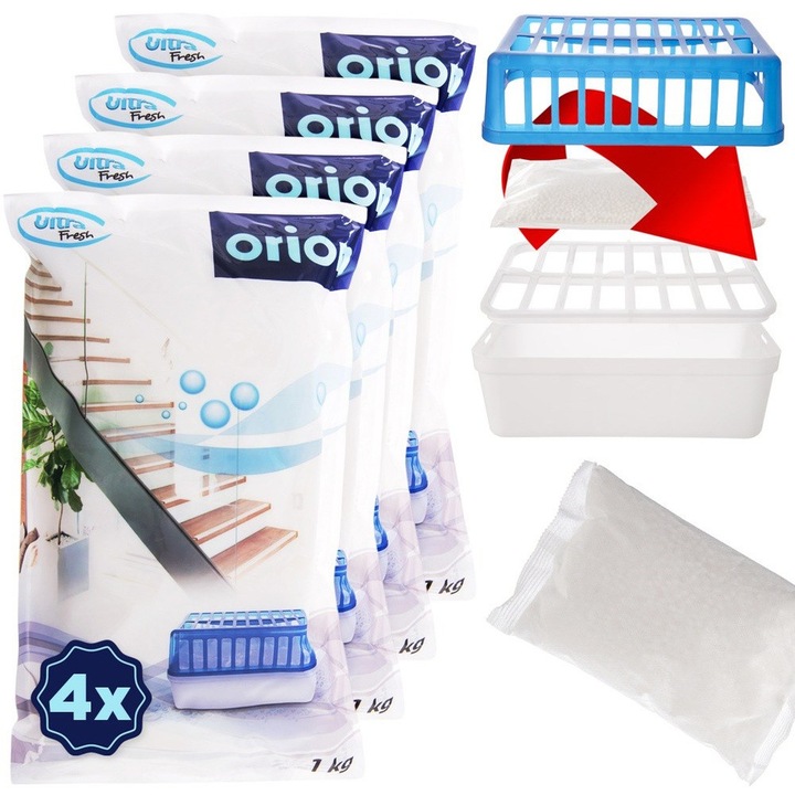 Комплект от 4 патрона за абсорбиране на влага, Orion, Ultra Fresh, 1 кг, 10x10x10 см, бял/син, гранули калциев хлорид, без мирис, ефикасно сушене на въздух, ефективни, издържат 2-5 месеца