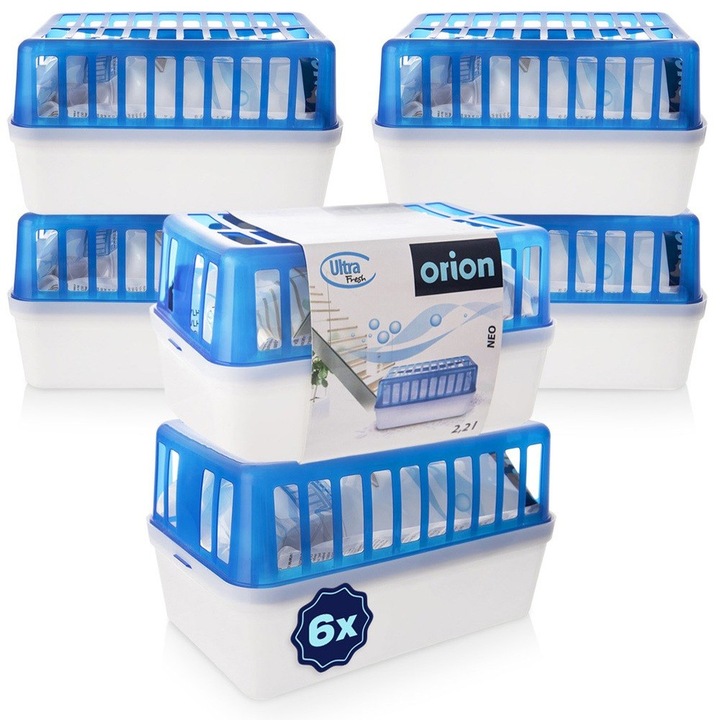 Комплект от 6 абсорбатора за влага, Orion, Ultra Fresh, XXL, 2.2 л, 26x16x14.5 см, бял/син, стъкло, гранули, без мирис, протектор