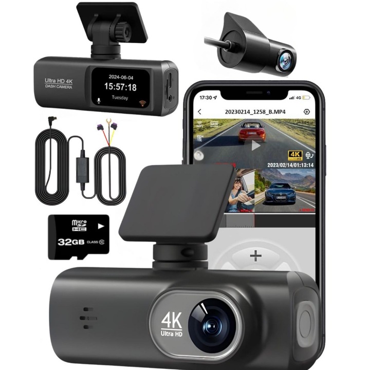 V22 QOVU Teljes Készlet DVR Autós Kamera, GPS, Parkolásfigyelés, 32 GB-os kártya tartozék, 4K Elöl 2K Belső / Hátul, WiFi és Dedikált Alkalmazás, Ütközésérzékelő, 170° Ultraszéles látómező, Autókamera Éjjellátóval