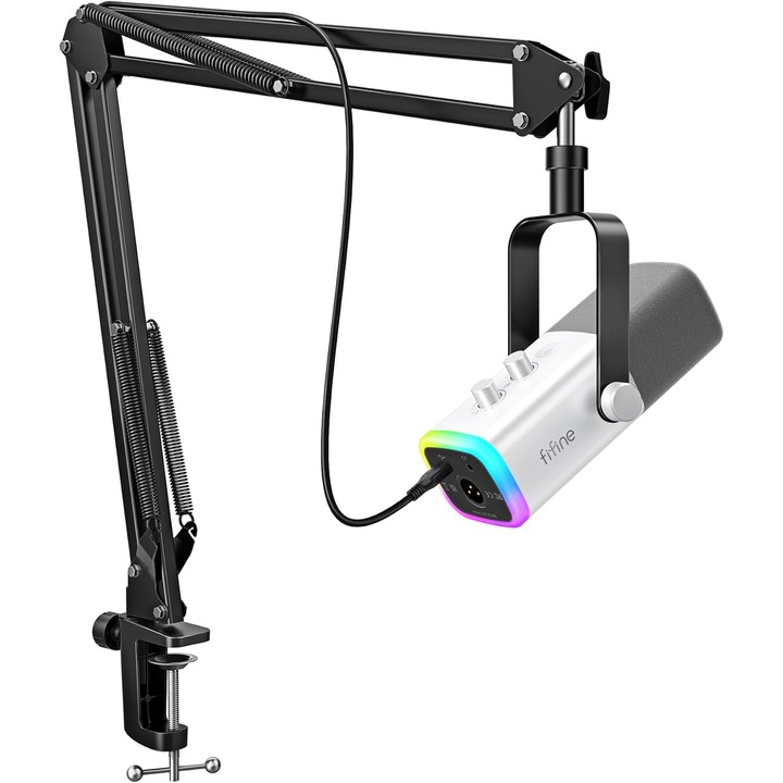 Microfon Profesional FIFINE AM8 Cu Stativ Boom Arm, Conectivitate USB, Suport XLR, Streaming, Gaming, Podcast, Lumini RGB, Alb
