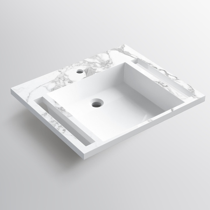 Lavoar, Alb finisaj Carrara Arabescato, suport prosoape laterale, compozit, montaj suspendat sau semi-incastrat, 65x55 cm, Lavanda